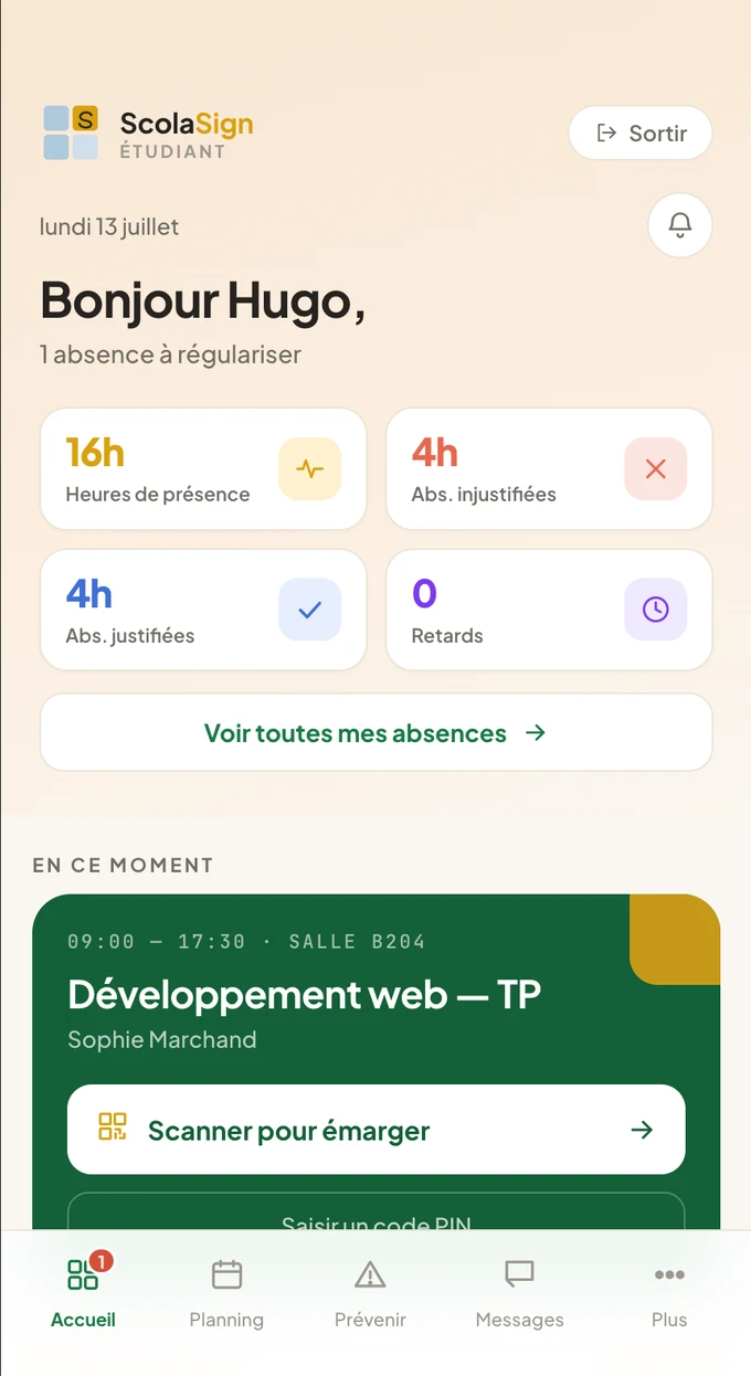 Application apprenant ScolaSign — accueil : séance en cours avec bouton « Scanner pour émarger », compteurs de présence et d'absences