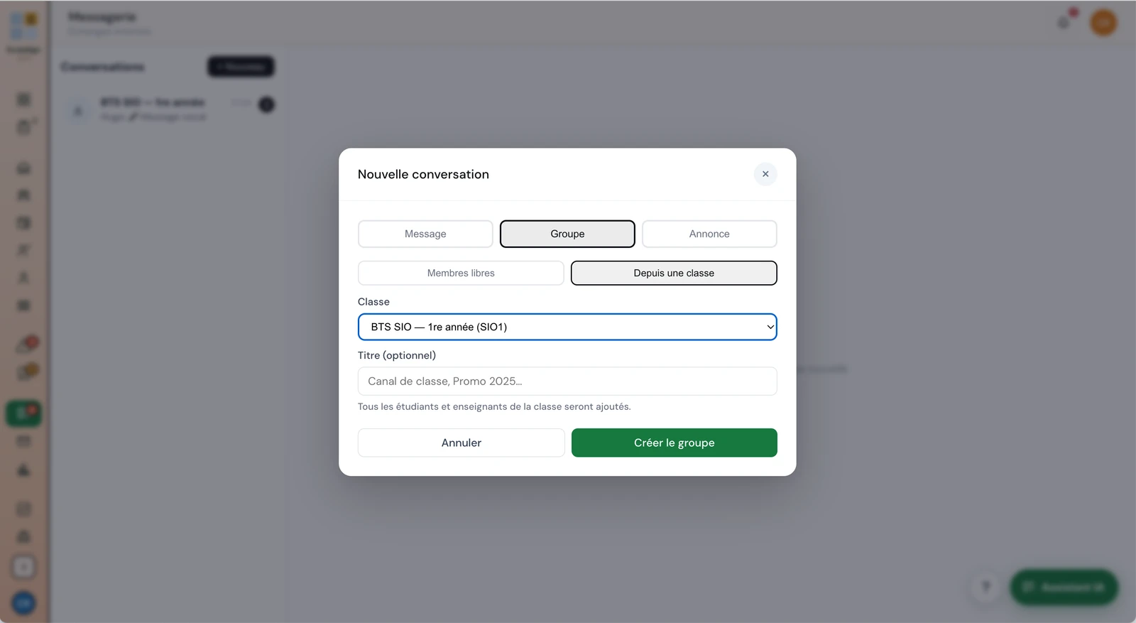 Console ScolaSign — messagerie : fenêtre « Nouvelle conversation » pour créer un canal de classe (tous les étudiants et enseignants de la classe ajoutés automatiquement)