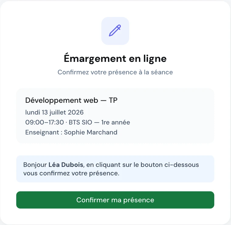 Page de signature ScolaSign ouverte depuis l'email : récapitulatif de la séance et bouton « Confirmer ma présence »