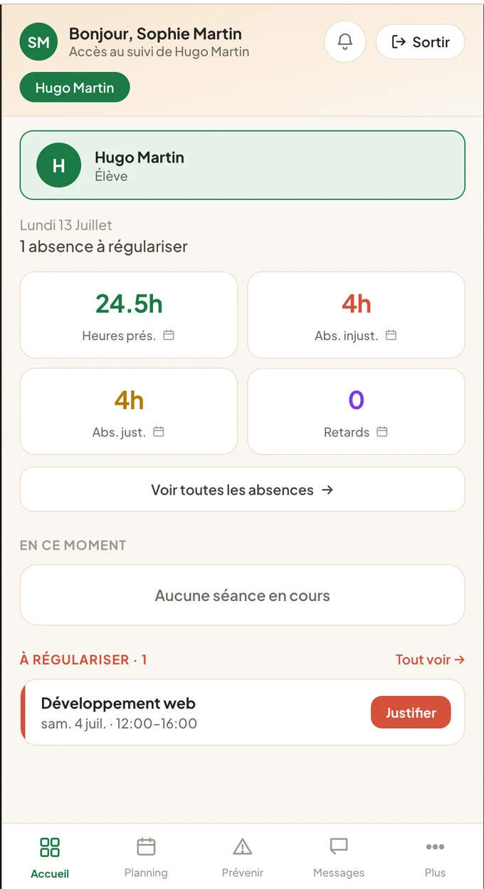Application ScolaSign — espace référent légal : suivi de l'assiduité de l'apprenant (heures de présence, absences justifiées et injustifiées, retards) et absences à régulariser